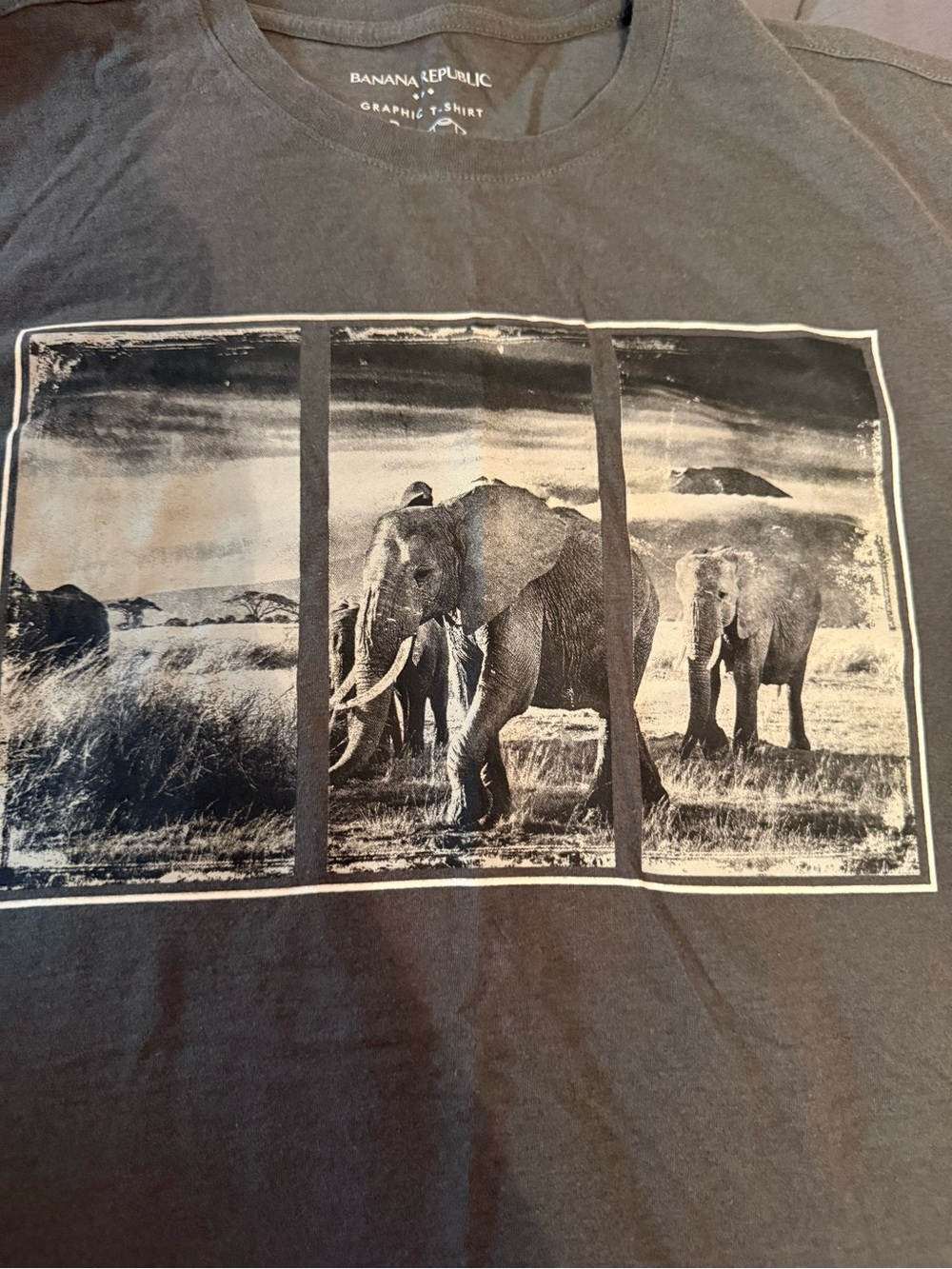 Banana Republic Men's Charcoal Gray Tee with Triptych Elephant Print - Picture 2 of 4